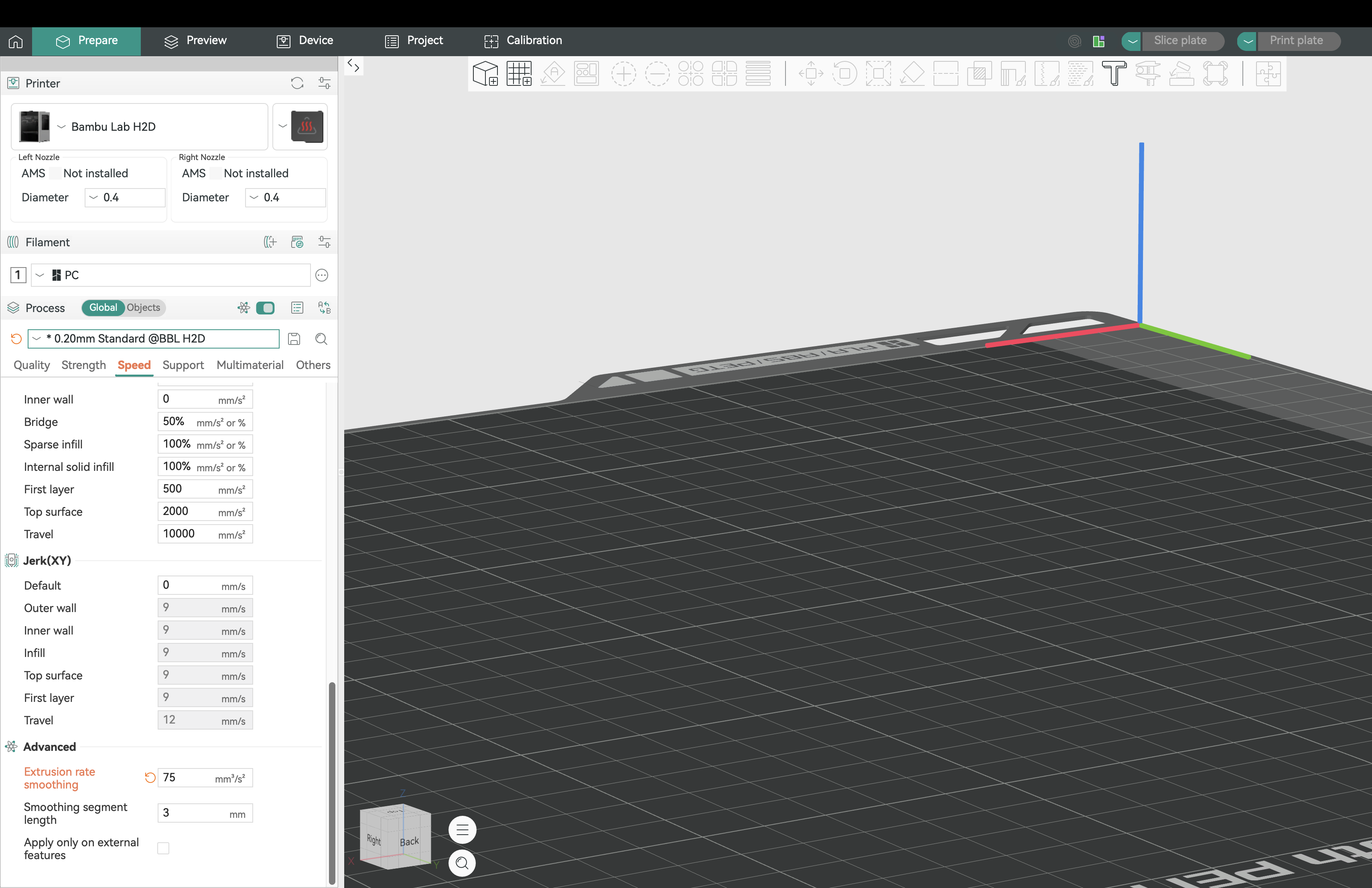 extrusion rate smoothing setting
